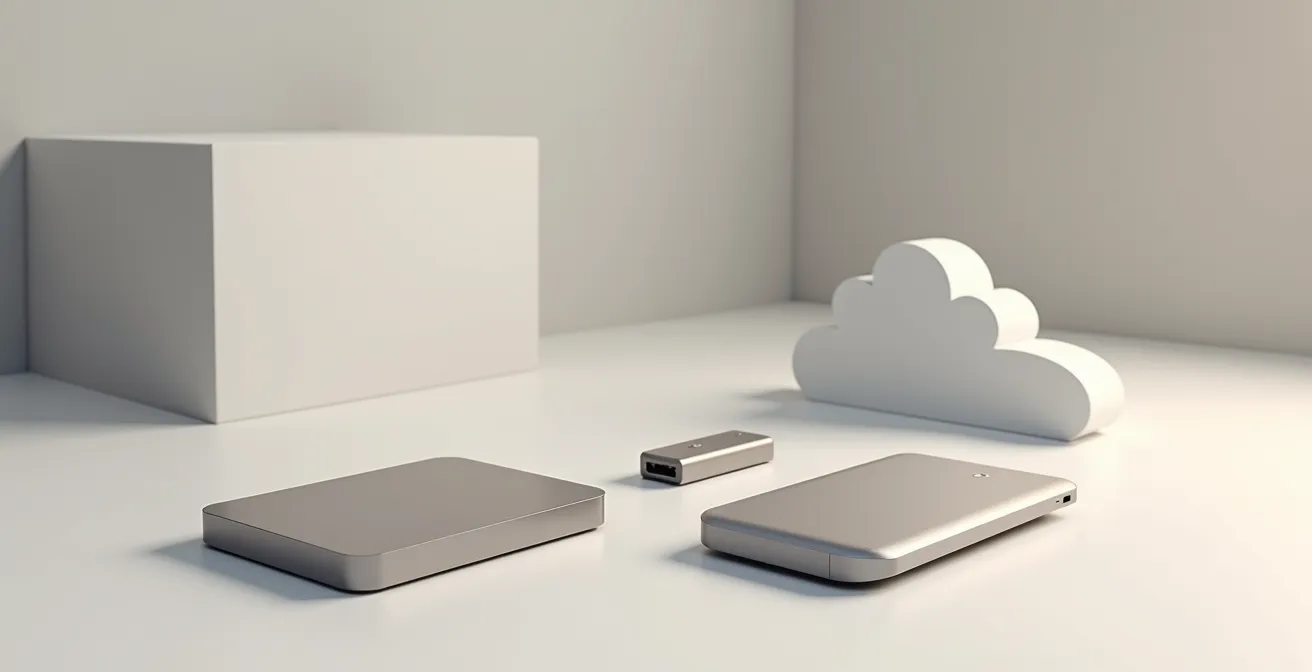 Composition minimaliste de plusieurs supports de stockage disposés sur une surface épurée, éclairage architectural, espace négatif prononcé