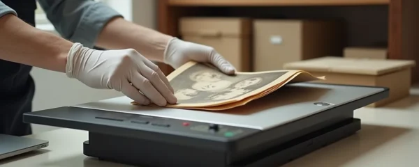 Mains gantées tenant délicatement une photographie ancienne près d'un scanner professionnel, lumière douce naturelle, ambiance chaleureuse