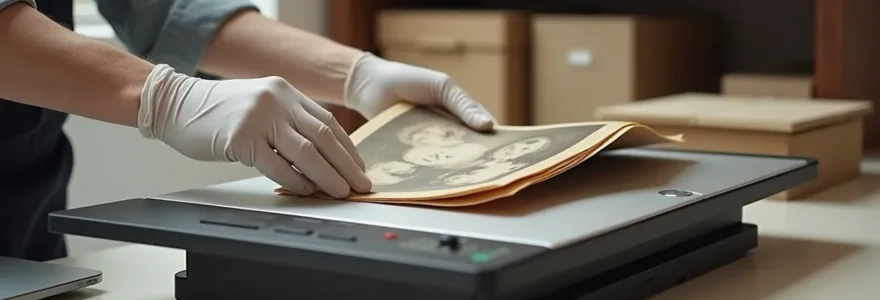 Mains gantées tenant délicatement une photographie ancienne près d'un scanner professionnel, lumière douce naturelle, ambiance chaleureuse