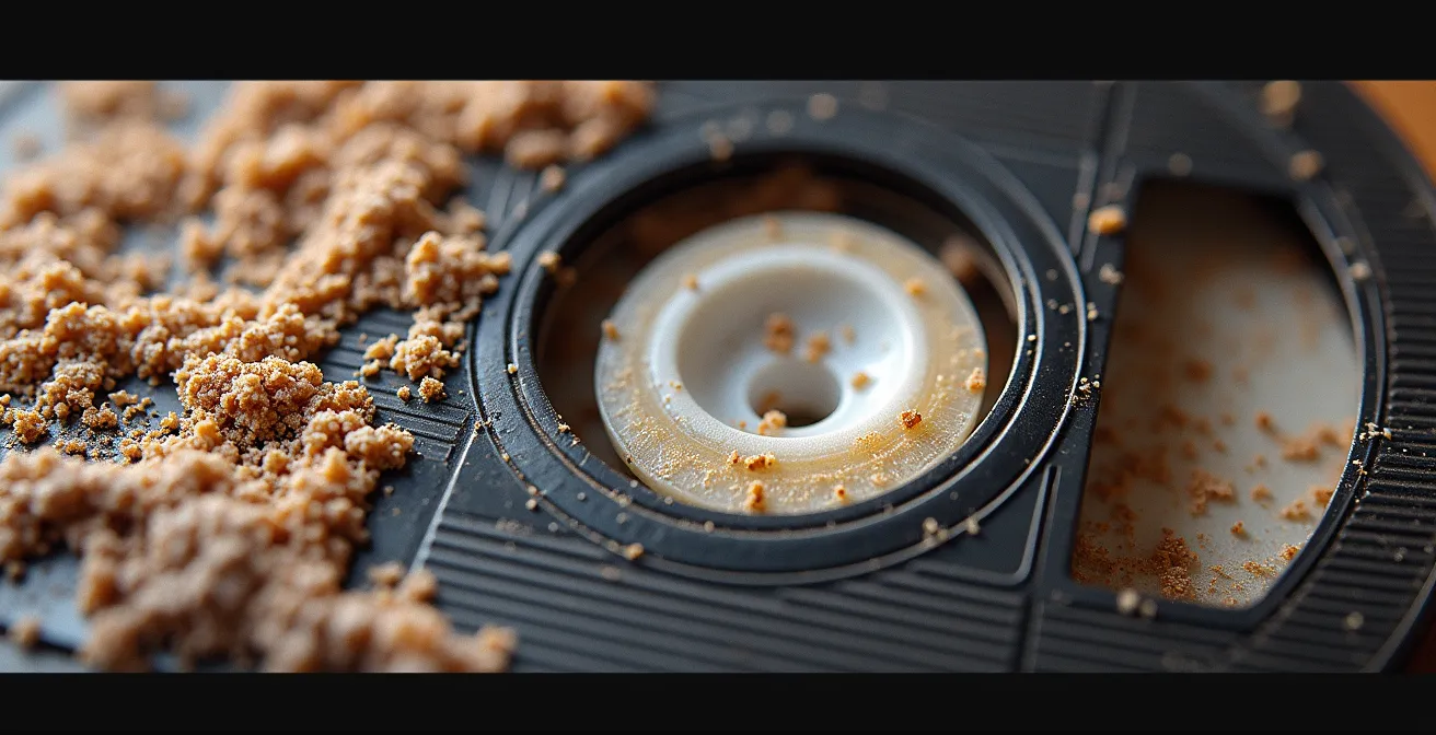 Vue rapprochée détaillée d'une bande magnétique VHS montrant des moisissures blanches, de la poussière et des résidus cristallins