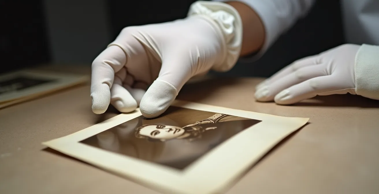 Main gantée de blanc manipulant avec précaution une photographie ancienne, geste délicat et professionnel, lumière douce latérale