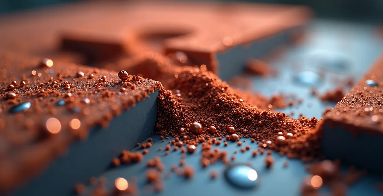 Diagramme scientifique montrant la progression de l'hydrolyse du liant magnétique et la désorganisation des particules magnétiques sur la bande vidéo