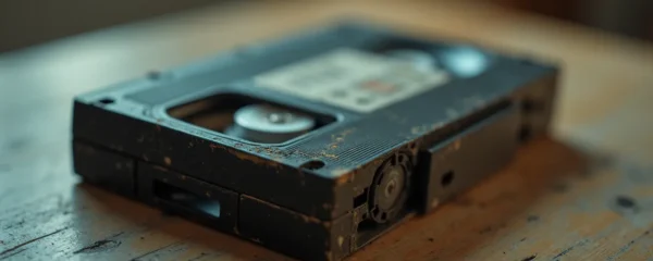 Cassette vidéo VHS vintage avec signes visibles de détérioration et de dégradation magnétique progressive