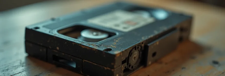Cassette vidéo VHS vintage avec signes visibles de détérioration et de dégradation magnétique progressive