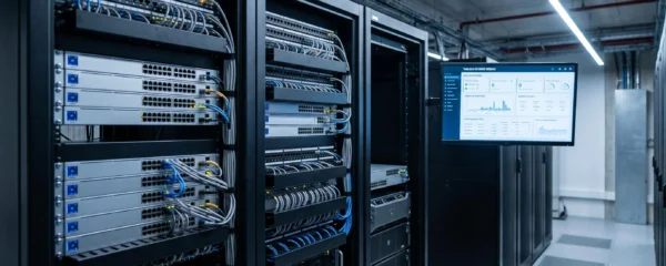 Salle serveurs professionnelle avec baies de brassage réseau, switches actifs et câblage structuré, écran affichant un tableau de bord de configuration réseau en français