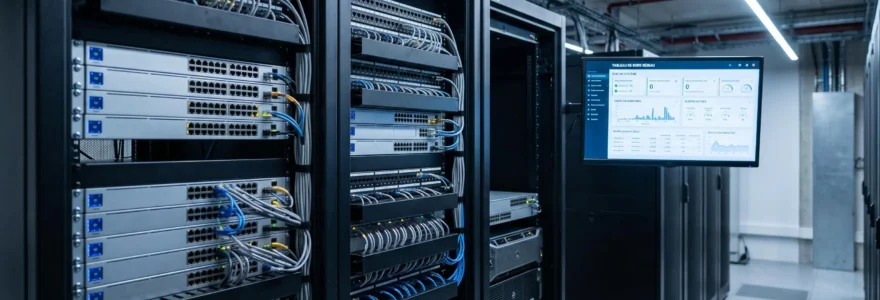 Salle serveurs professionnelle avec baies de brassage réseau, switches actifs et câblage structuré, écran affichant un tableau de bord de configuration réseau en français