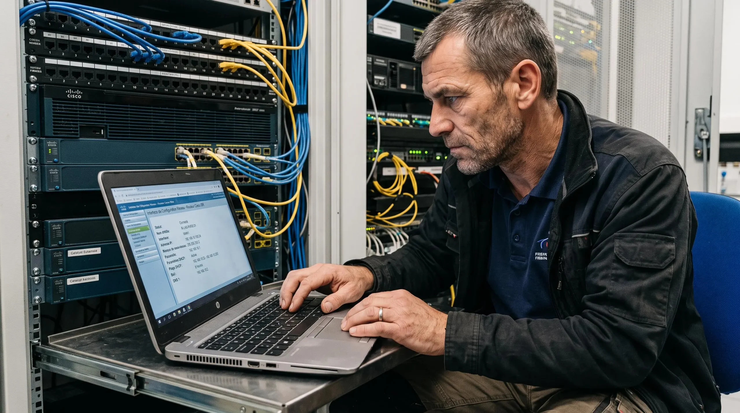 Technicien réseau configurant un routeur professionnel, écran affichant une interface de paramétrage d'adresses IP et DHCP en français