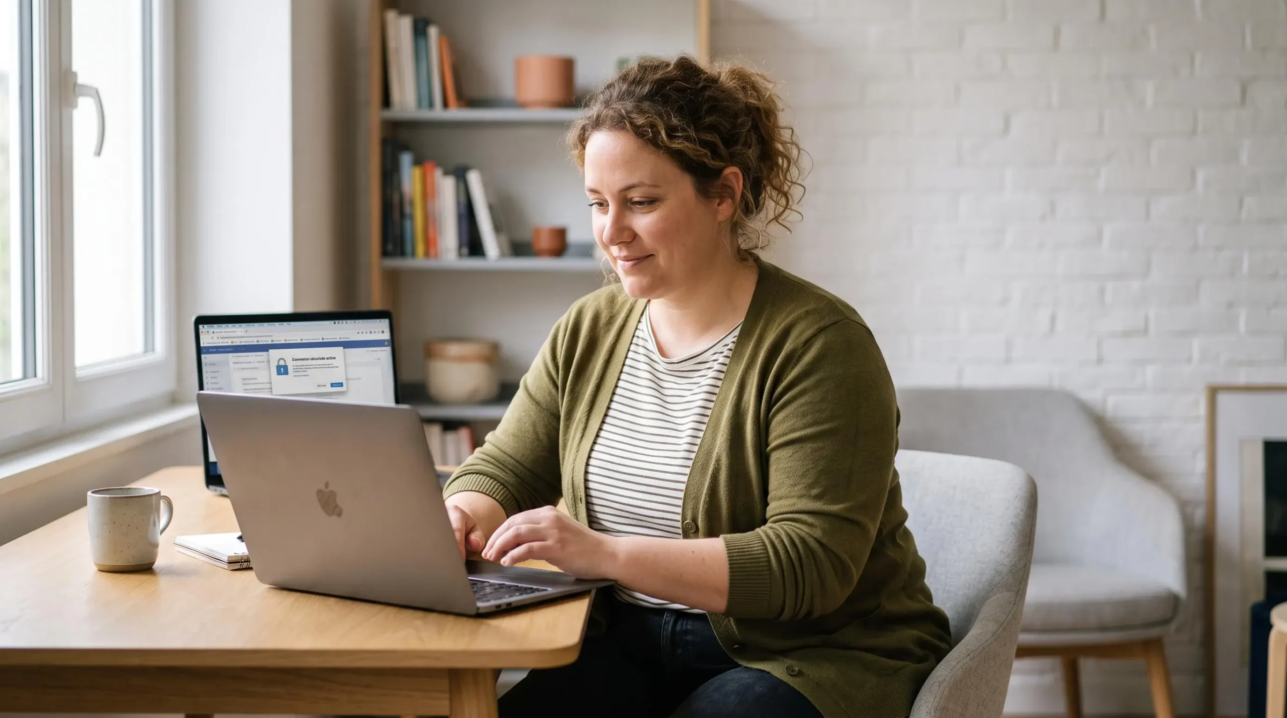 Télétravailleuse sur ordinateur portable, écran affichant une notification de connexion VPN sécurisée en français dans un bureau à domicile contemporain